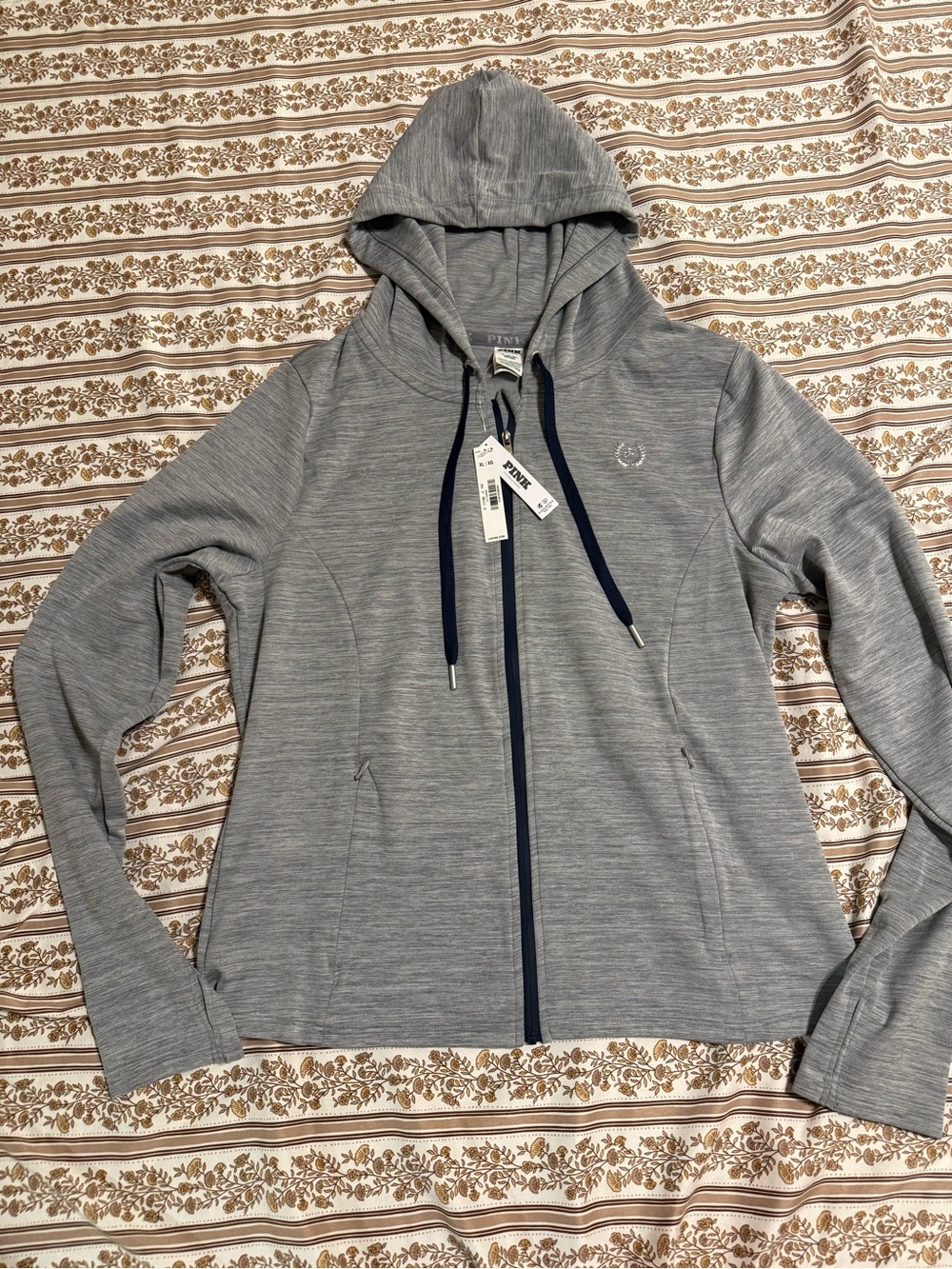 Victoria's Secret Relay Light Gray Hooded Zip-Up with Navy Drawstrings